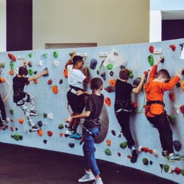 A group of children climbing indoors